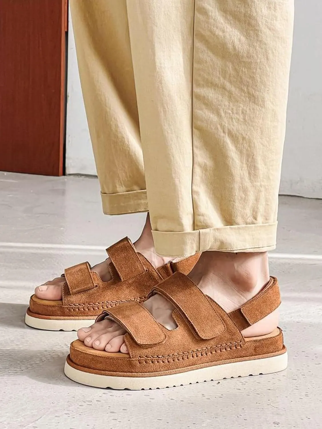 Platform Suede Sandals for Women Comfortable Slides Adjustable Strap Non Slip Lightweight Women’s Flat Sandals Casual Slip On Slippers for Summer