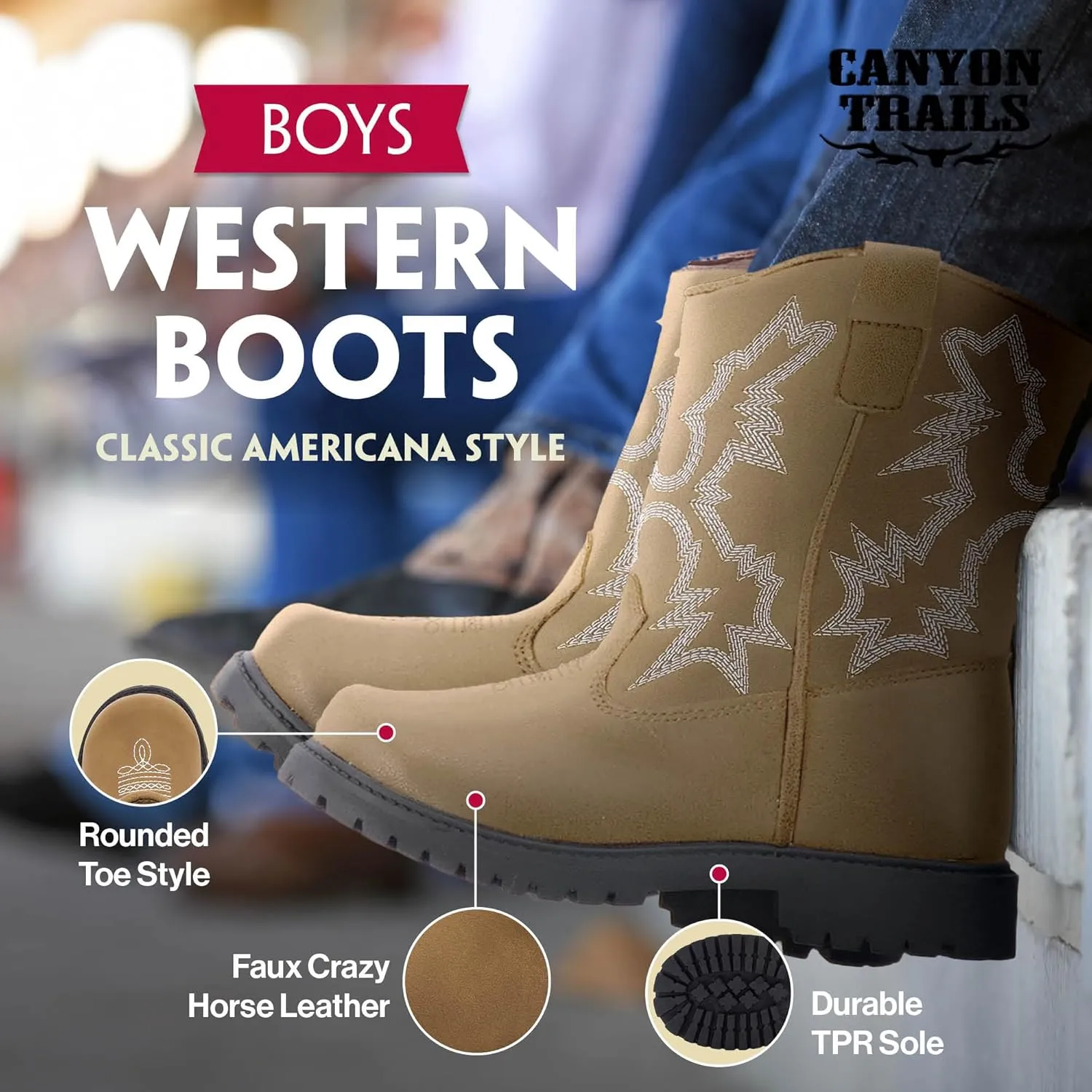 Premium Kids Cowboy Boots - Comfort Fit, Breathable Cowboy Boots Rounded Toe Style - Durable & Stylish Western Wear,Faux Leather Cowboy Boots for Kids
