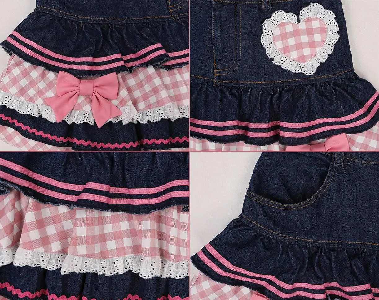 Preppy Lolita Kawaii Skirts Sweet Mini Women Cute Ball Gown Denim Skirt Y2K High Waist Lace Cake Skirts