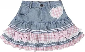 Preppy Lolita Kawaii Skirts Sweet Mini Women Cute Ball Gown Denim Skirt Y2K High Waist Lace Cake Skirts