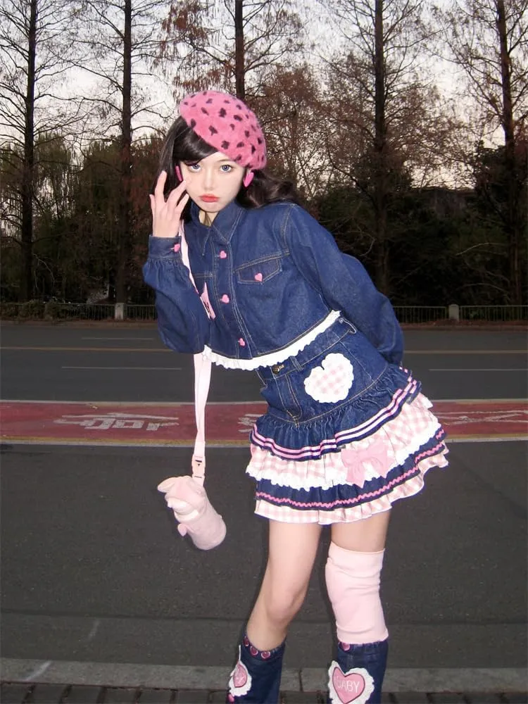Preppy Lolita Kawaii Skirts Sweet Mini Women Cute Ball Gown Denim Skirt Y2K High Waist Lace Cake Skirts