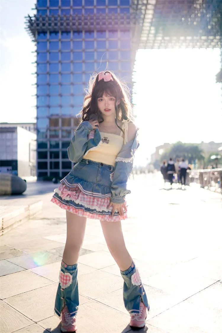 Preppy Lolita Kawaii Skirts Sweet Mini Women Cute Ball Gown Denim Skirt Y2K High Waist Lace Cake Skirts
