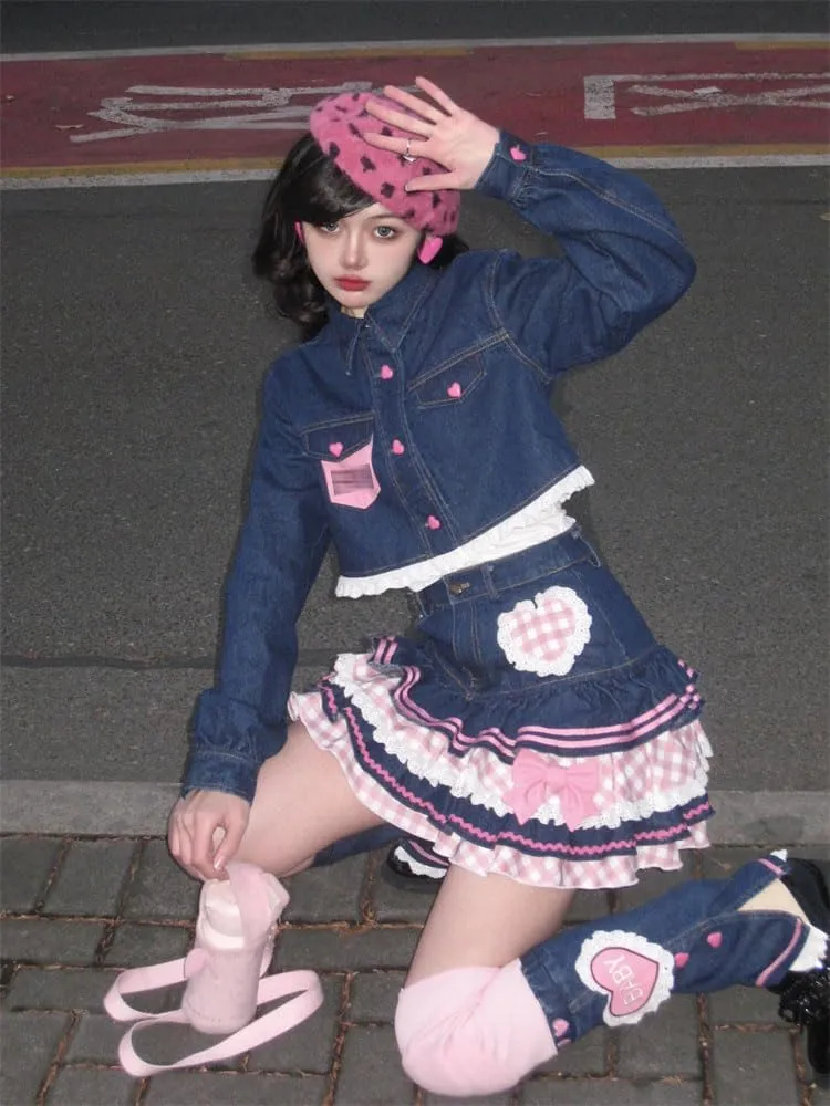 Preppy Lolita Kawaii Skirts Sweet Mini Women Cute Ball Gown Denim Skirt Y2K High Waist Lace Cake Skirts
