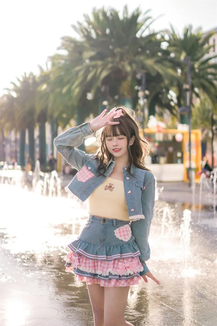 Preppy Lolita Kawaii Skirts Sweet Mini Women Cute Ball Gown Denim Skirt Y2K High Waist Lace Cake Skirts