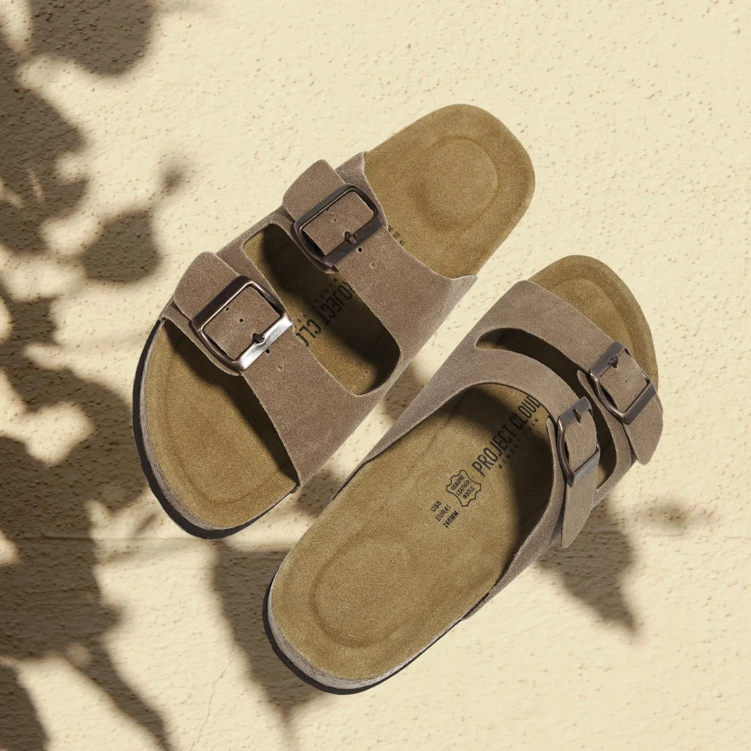 Project Cloud Genuine Leather Mens Sandals with Memory Foam Natural Cork Footbed Slides for Men Footwear - Non-Slip Double-Strap Buckle Summer Sandals (Arizona)