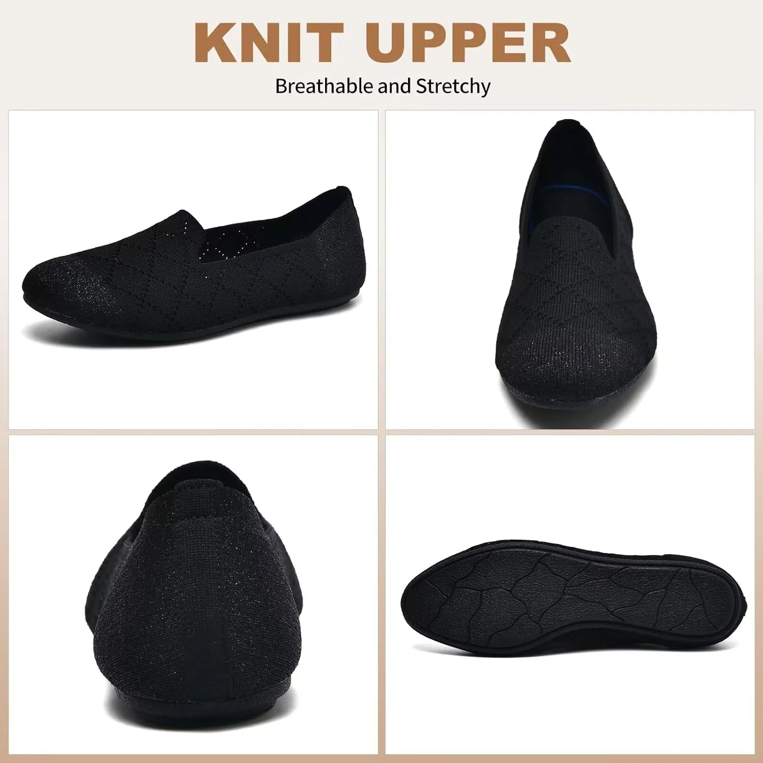 Puxowe Ballet Flats for Women - Stretch Knit Slip-On Low Wedge Shoes, Soft Round Toe Design for Office, Travel & Daily Walking