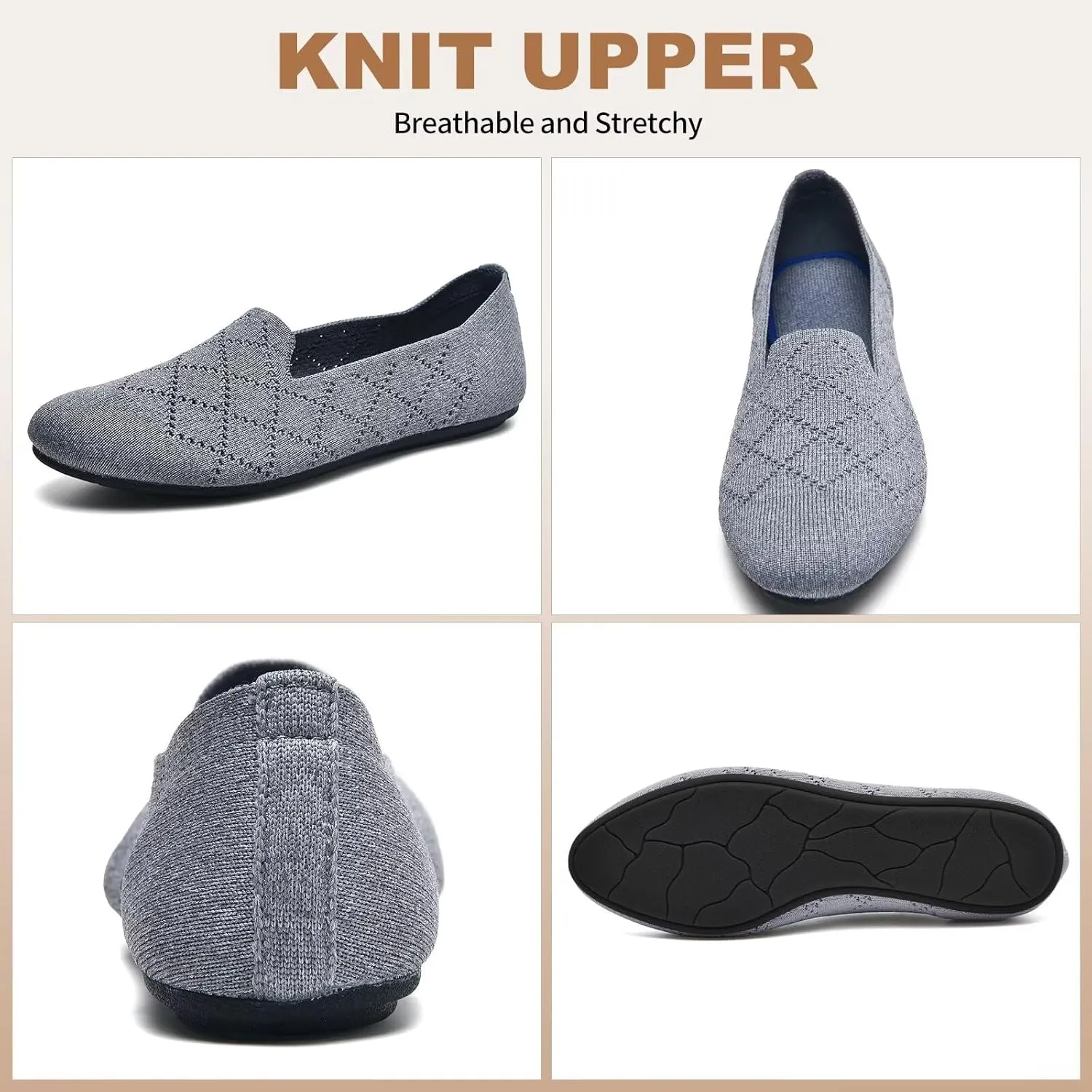Puxowe Ballet Flats for Women - Stretch Knit Slip-On Low Wedge Shoes, Soft Round Toe Design for Office, Travel & Daily Walking