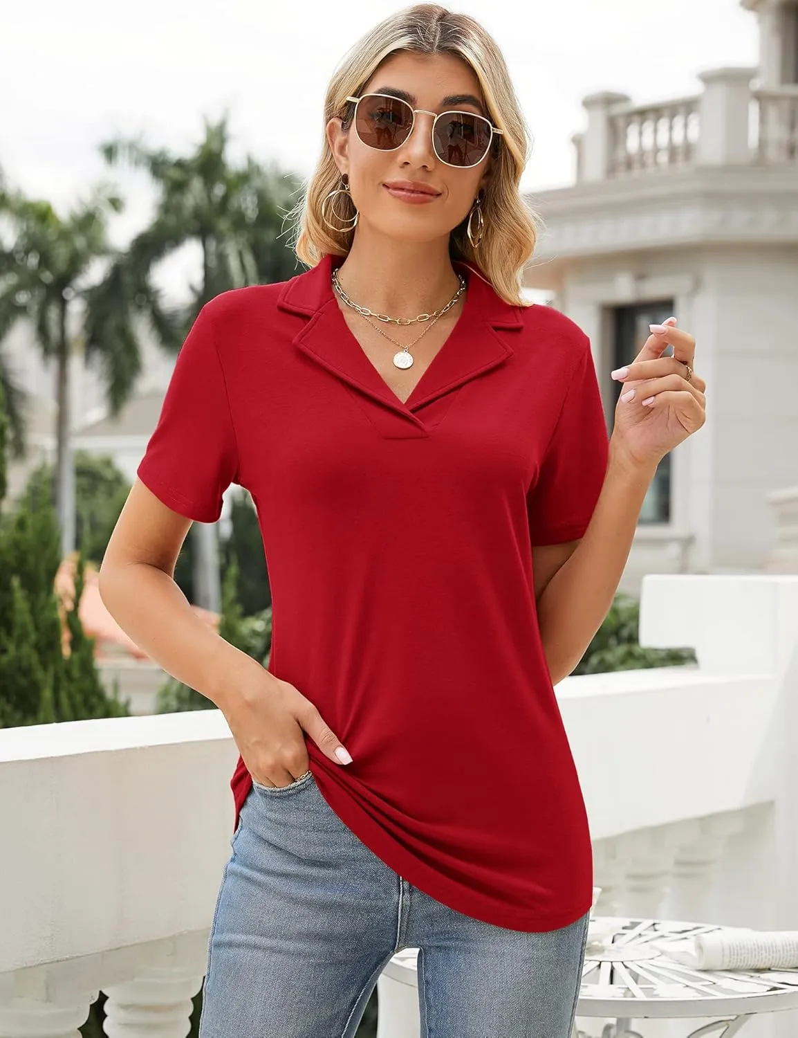 Rapbin Women's Polo Shirts Lapel Collar V Neck Short Sleeve Blouse Dressy Casual Tunic Tops