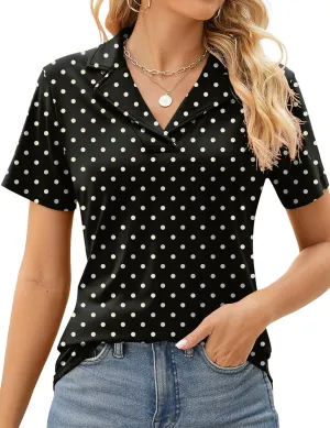 Rapbin Women's Polo Shirts Lapel Collar V Neck Short Sleeve Blouse Dressy Casual Tunic Tops