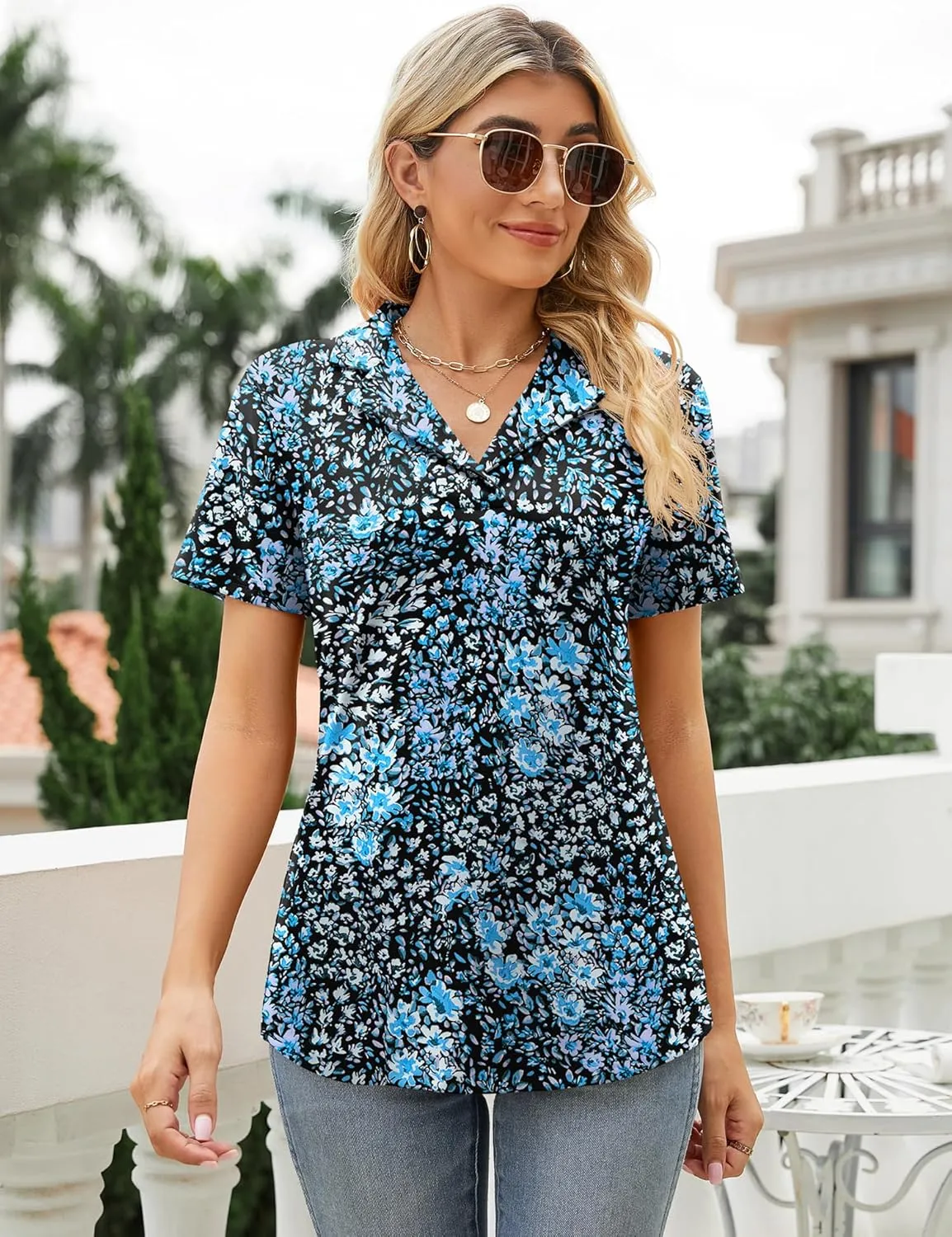 Rapbin Women's Polo Shirts Lapel Collar V Neck Short Sleeve Blouse Dressy Casual Tunic Tops
