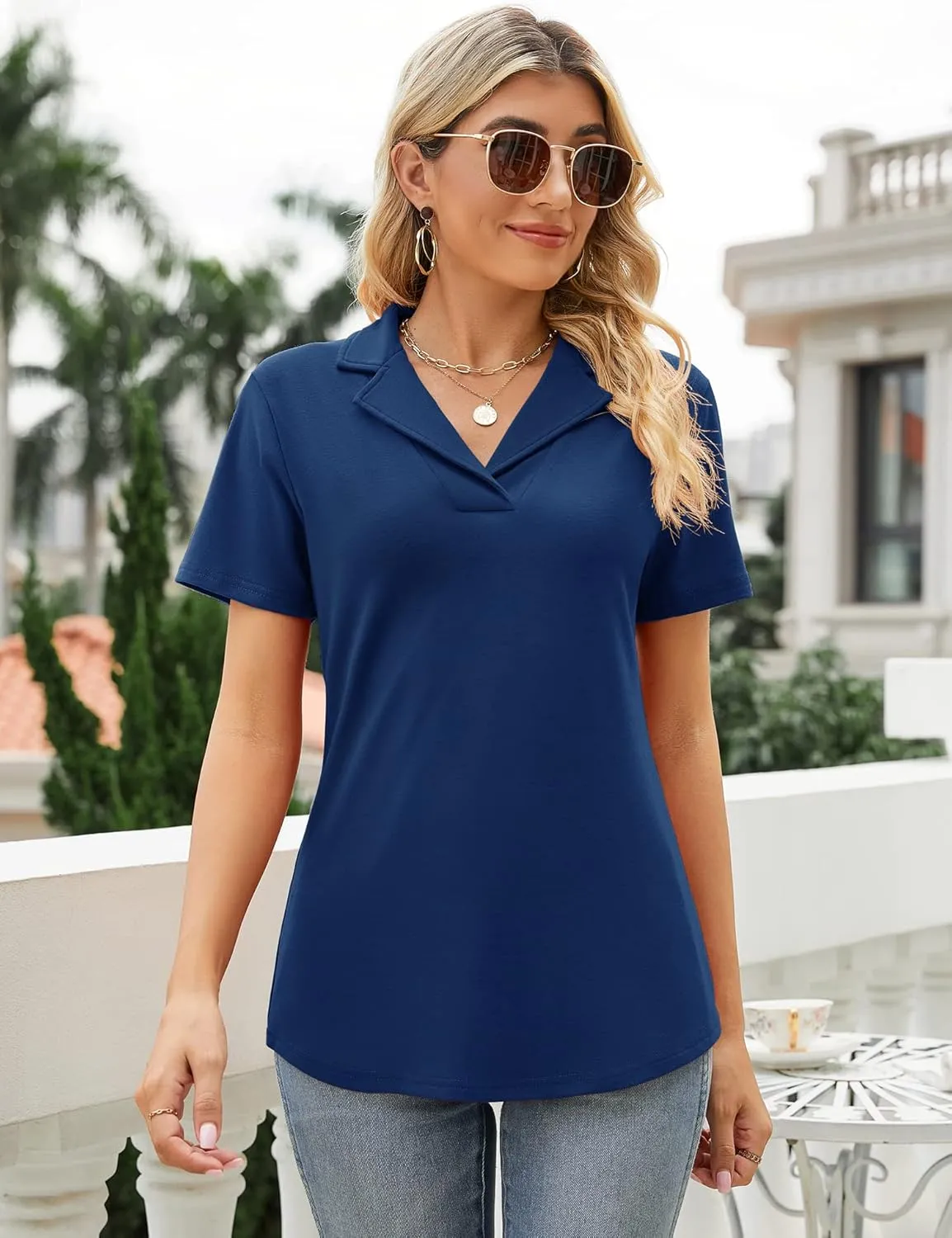 Rapbin Women's Polo Shirts Lapel Collar V Neck Short Sleeve Blouse Dressy Casual Tunic Tops