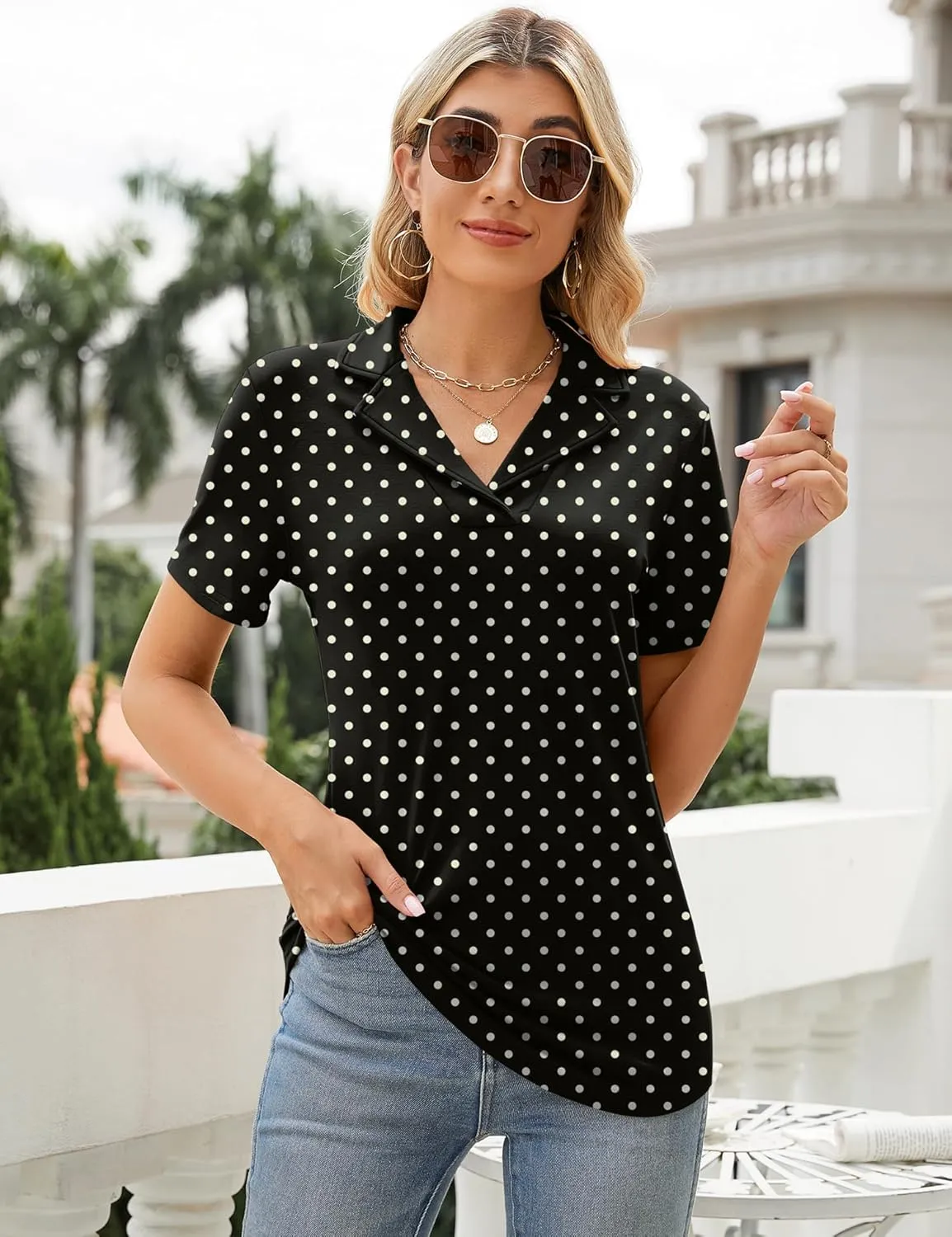 Rapbin Women's Polo Shirts Lapel Collar V Neck Short Sleeve Blouse Dressy Casual Tunic Tops