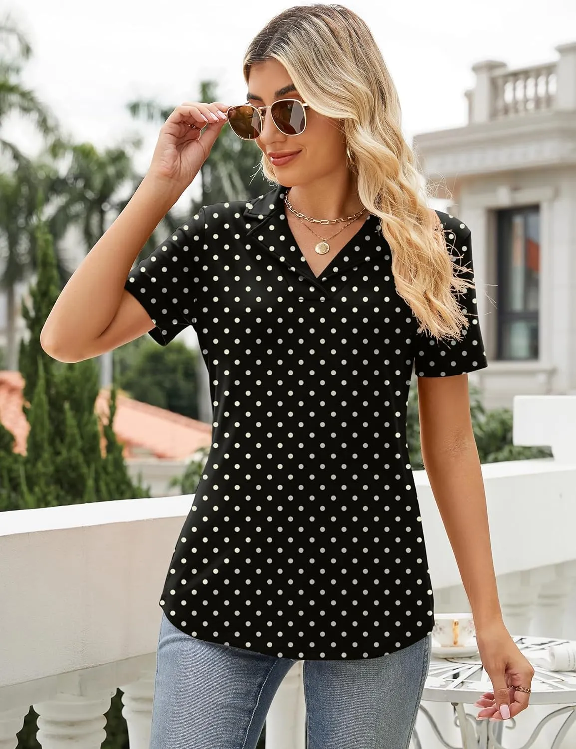 Rapbin Women's Polo Shirts Lapel Collar V Neck Short Sleeve Blouse Dressy Casual Tunic Tops