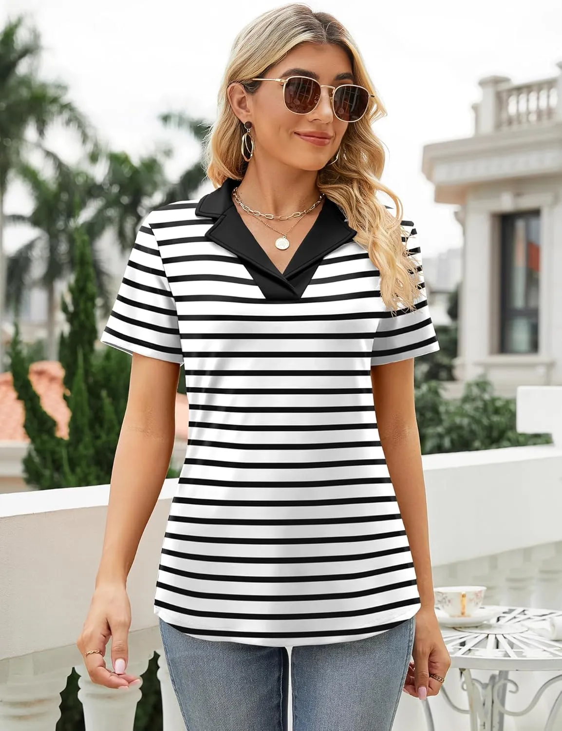 Rapbin Women's Polo Shirts Lapel Collar V Neck Short Sleeve Blouse Dressy Casual Tunic Tops