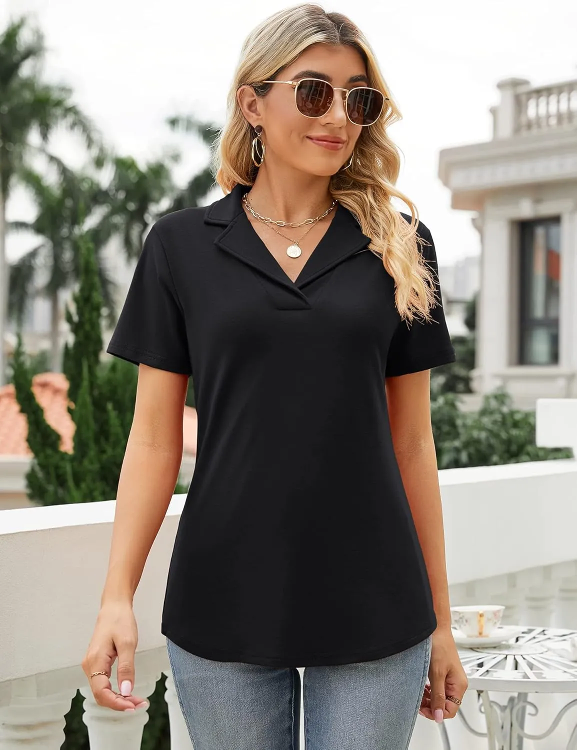 Rapbin Women's Polo Shirts Lapel Collar V Neck Short Sleeve Blouse Dressy Casual Tunic Tops