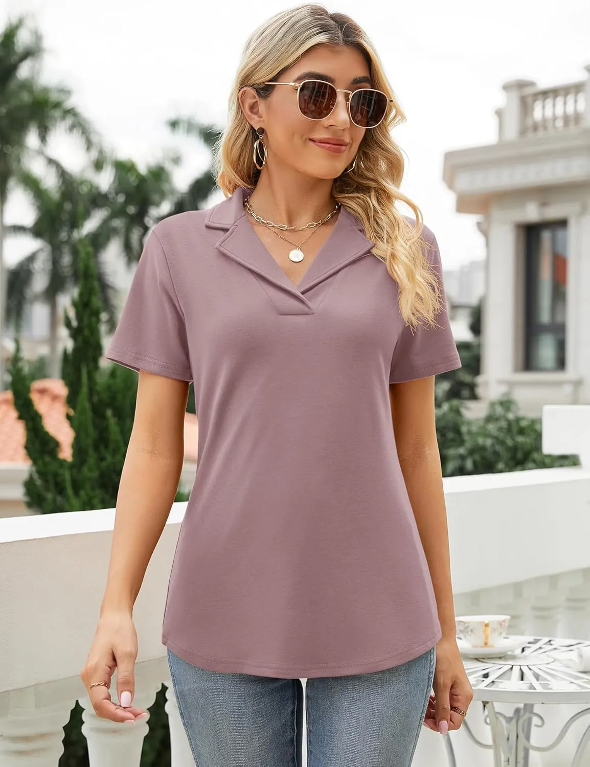 Rapbin Women's Polo Shirts Lapel Collar V Neck Short Sleeve Blouse Dressy Casual Tunic Tops