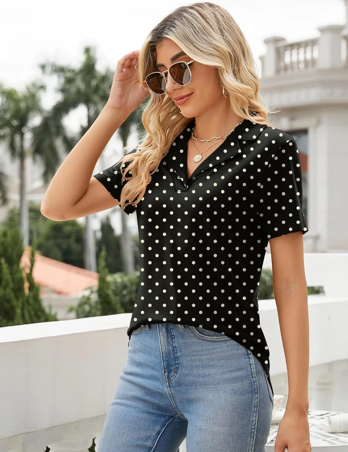 Rapbin Women's Polo Shirts Lapel Collar V Neck Short Sleeve Blouse Dressy Casual Tunic Tops