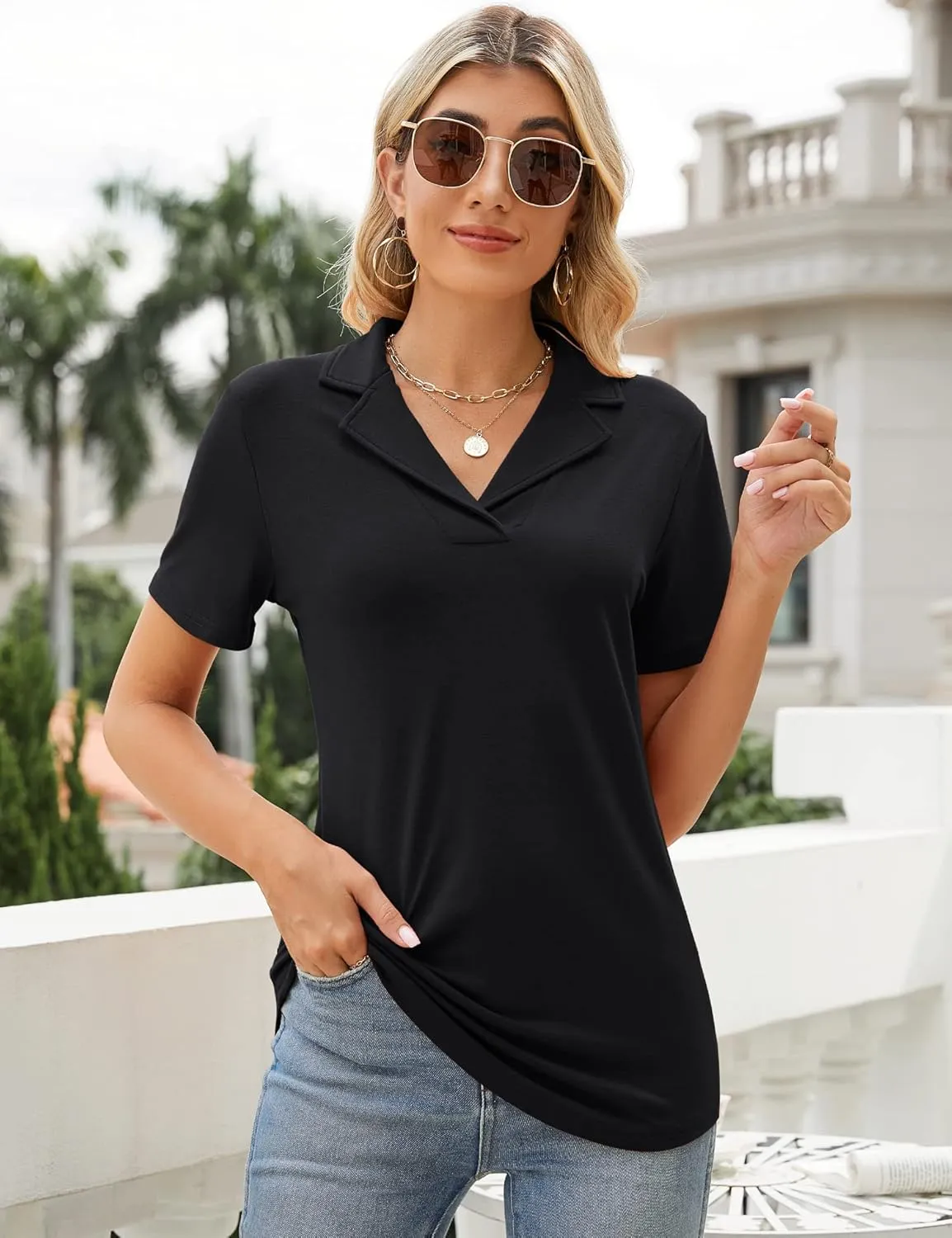 Rapbin Women's Polo Shirts Lapel Collar V Neck Short Sleeve Blouse Dressy Casual Tunic Tops