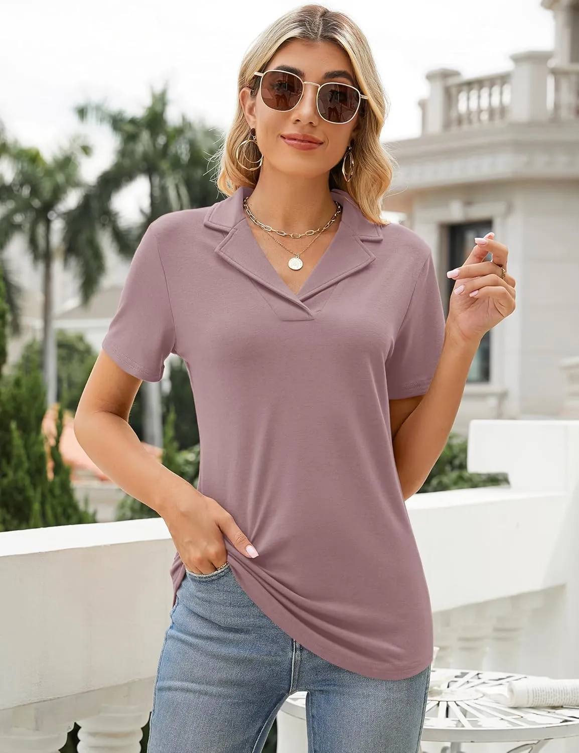 Rapbin Women's Polo Shirts Lapel Collar V Neck Short Sleeve Blouse Dressy Casual Tunic Tops