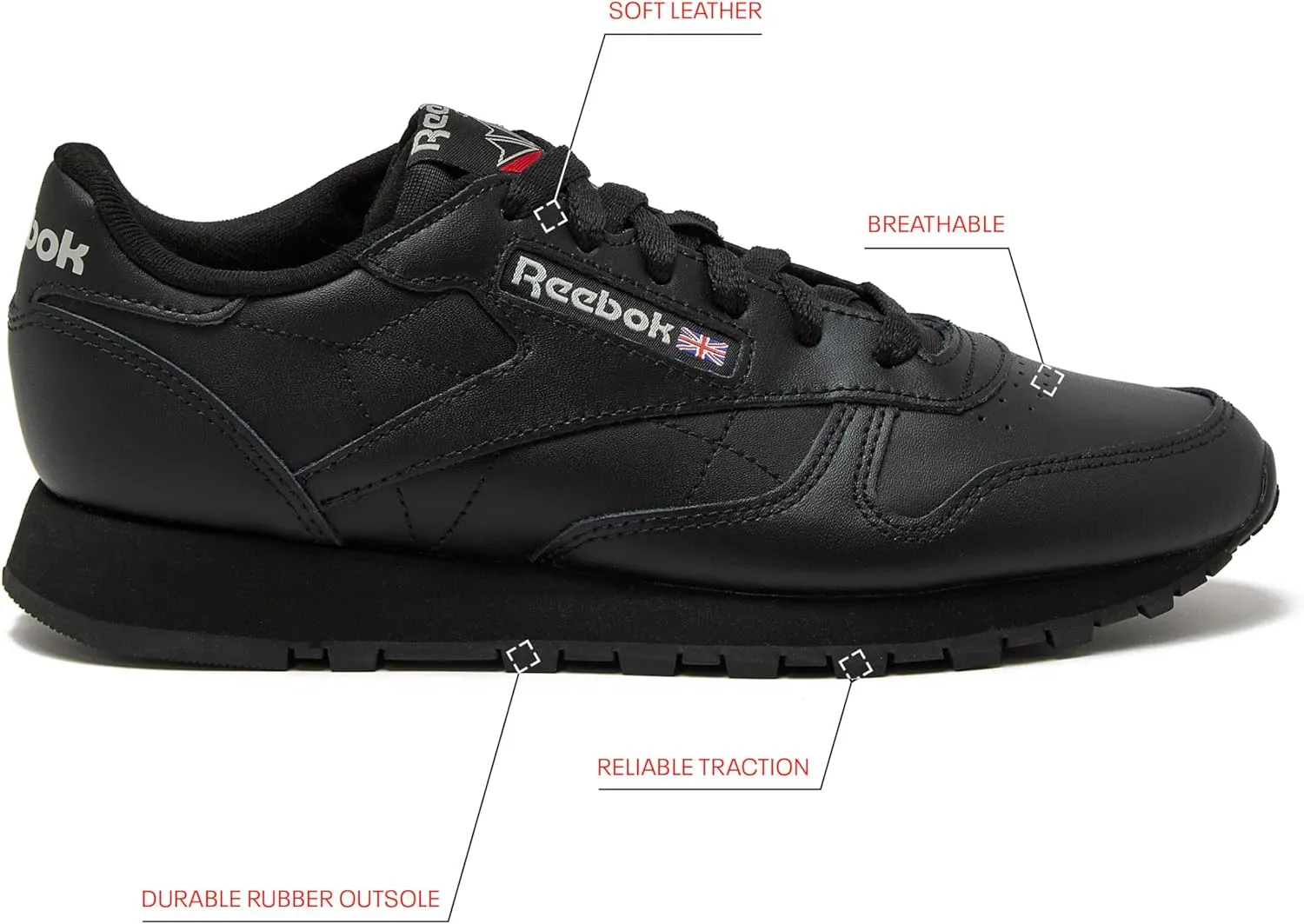 Reebok Classic Leather Sneakers for Women - Black or White Tennis Shoes Womens Size 5 to 12