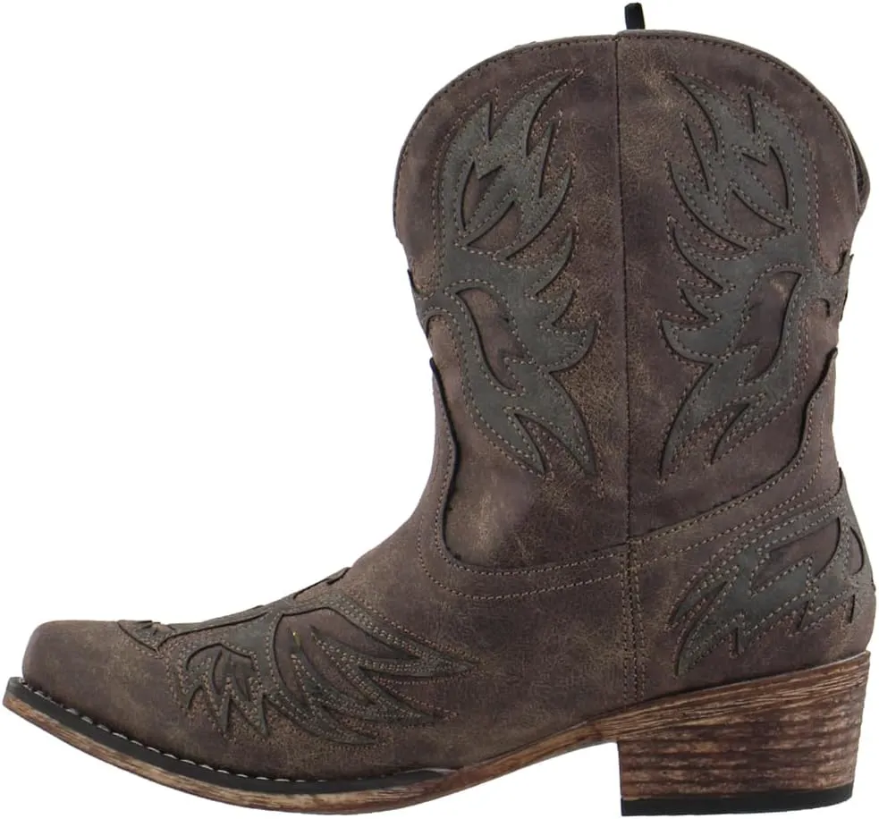 ROPER Womens Amelia Tooled Inlay Snip Toe Casual Boots Ankle Low Heel 1-2" - Brown