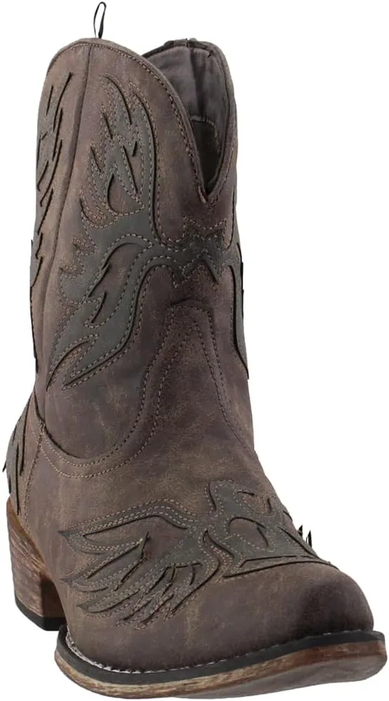 ROPER Womens Amelia Tooled Inlay Snip Toe Casual Boots Ankle Low Heel 1-2" - Brown