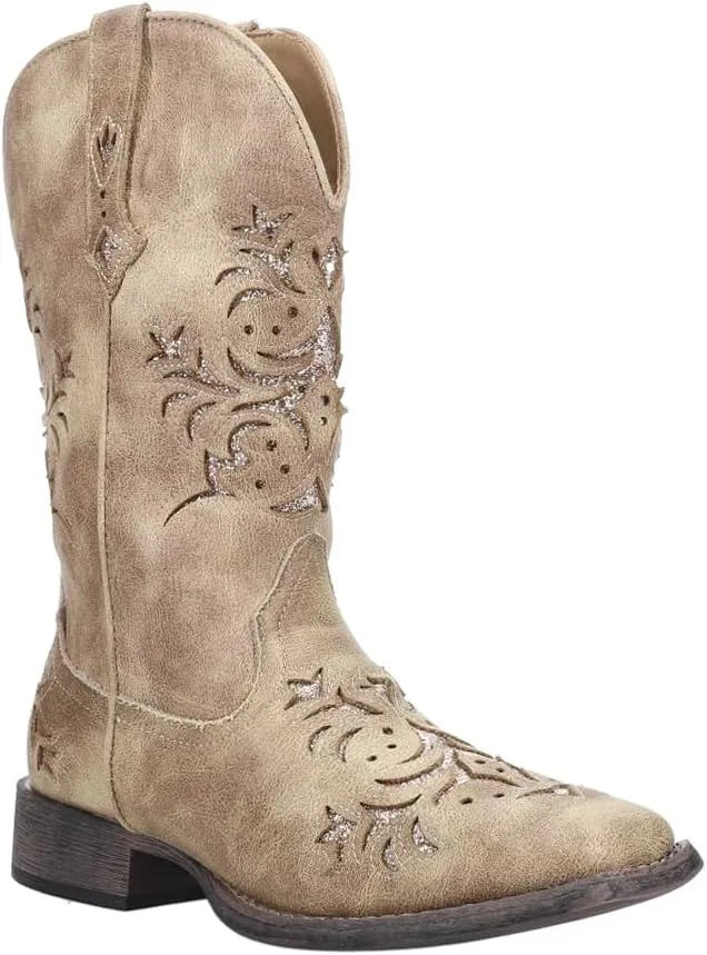 ROPER Womens Kennedy Glitter Tooled Inlay Square Toe Pull On Casual Boots Mid Calf Low Heel 1-2" - Brown