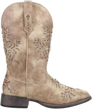 ROPER Womens Kennedy Glitter Tooled Inlay Square Toe Pull On Casual Boots Mid Calf Low Heel 1-2" - Brown