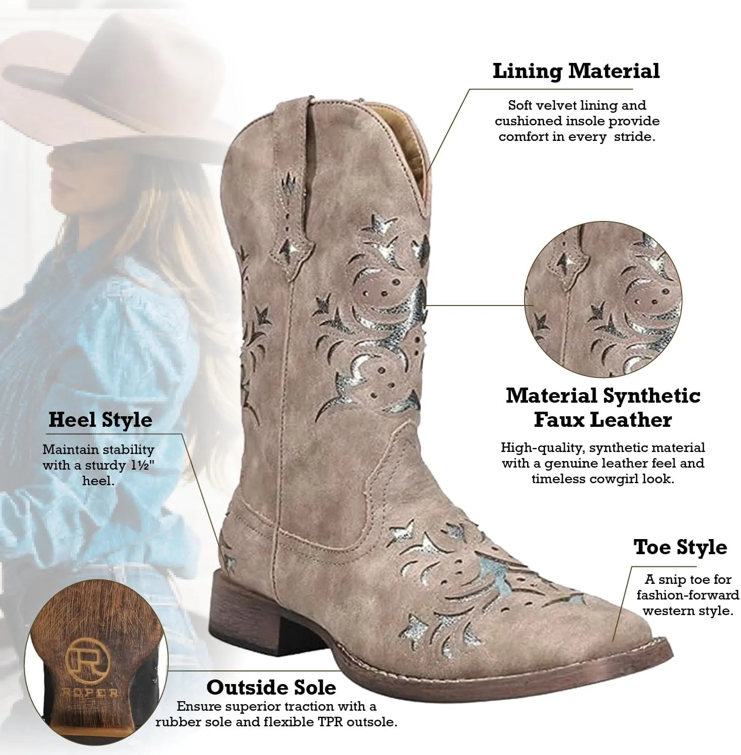 ROPER Womens Kennedy Glitter Tooled Inlay Square Toe Pull On Casual Boots Mid Calf Low Heel 1-2" - Brown