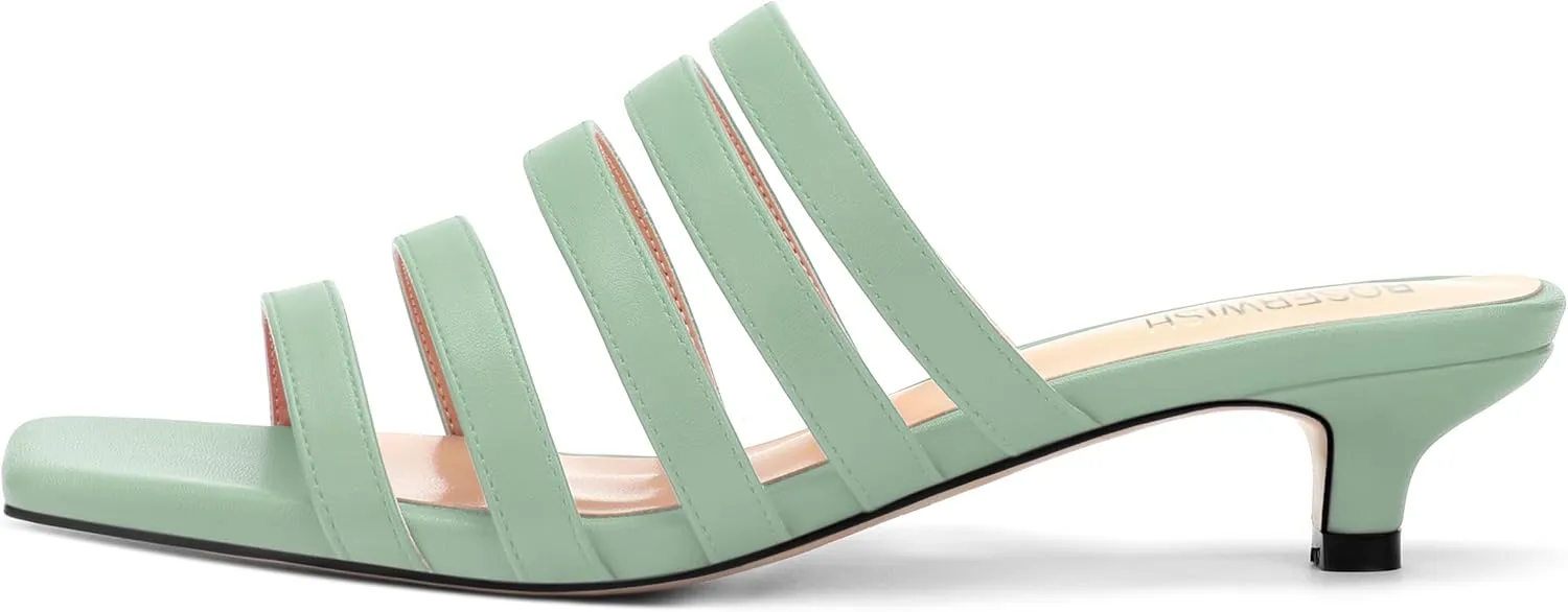ROSERWISH Women's Strappy Heels Square Open Toe Slip On Low Kitten Heel Slide Heeled Sandals for Daily Party Dress Shoes