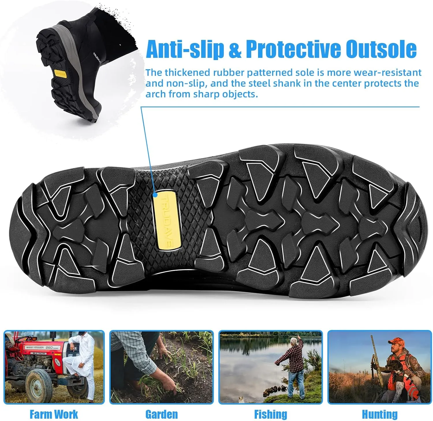 Rubber Boots for Men with Steel Shank, Mid Calf Work Rain Boots, Men's Outdoor Waterproof Anti-Slip Hunting Boot, Size 6-13