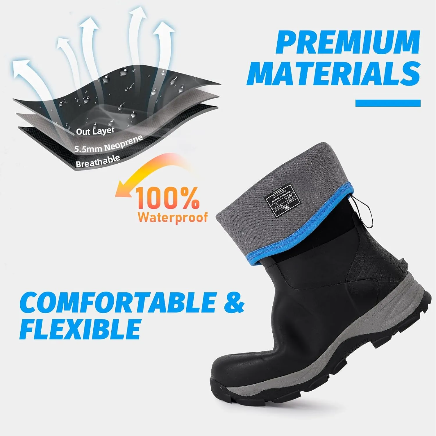 Rubber Boots for Men with Steel Shank, Mid Calf Work Rain Boots, Men's Outdoor Waterproof Anti-Slip Hunting Boot, Size 6-13