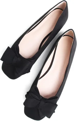 SAILING LU Women's Bow Knot Ballet Flats Square Toe Flat Shoes Suede Dress Shoes Wear to Work Slip On Moccasins