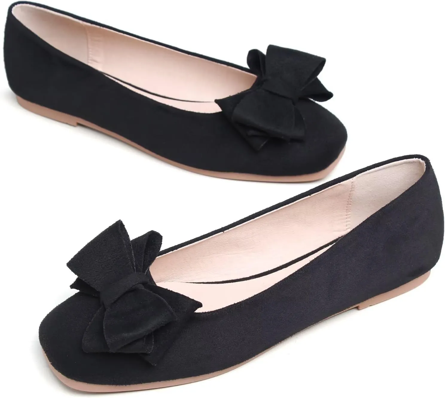 SAILING LU Women's Bow Knot Ballet Flats Square Toe Flat Shoes Suede Dress Shoes Wear to Work Slip On Moccasins