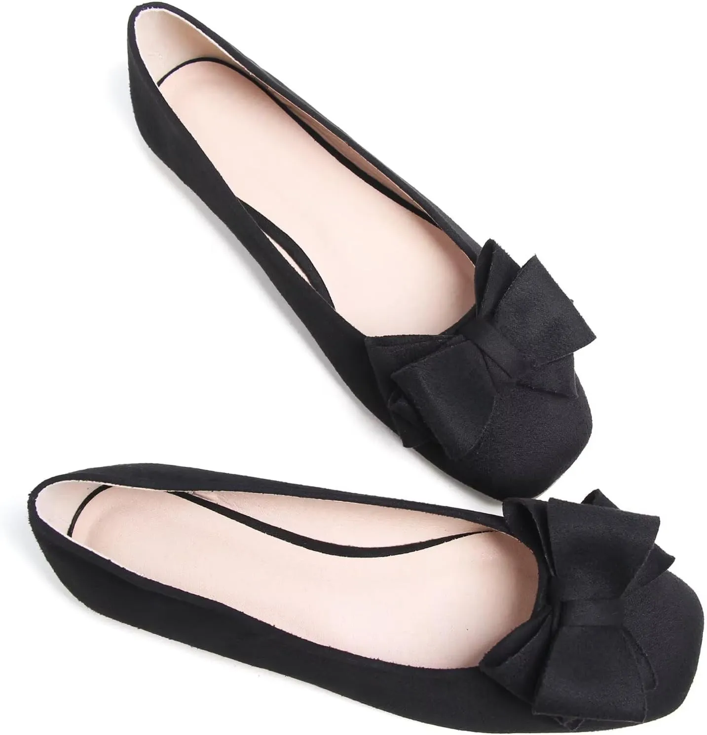 SAILING LU Women's Bow Knot Ballet Flats Square Toe Flat Shoes Suede Dress Shoes Wear to Work Slip On Moccasins