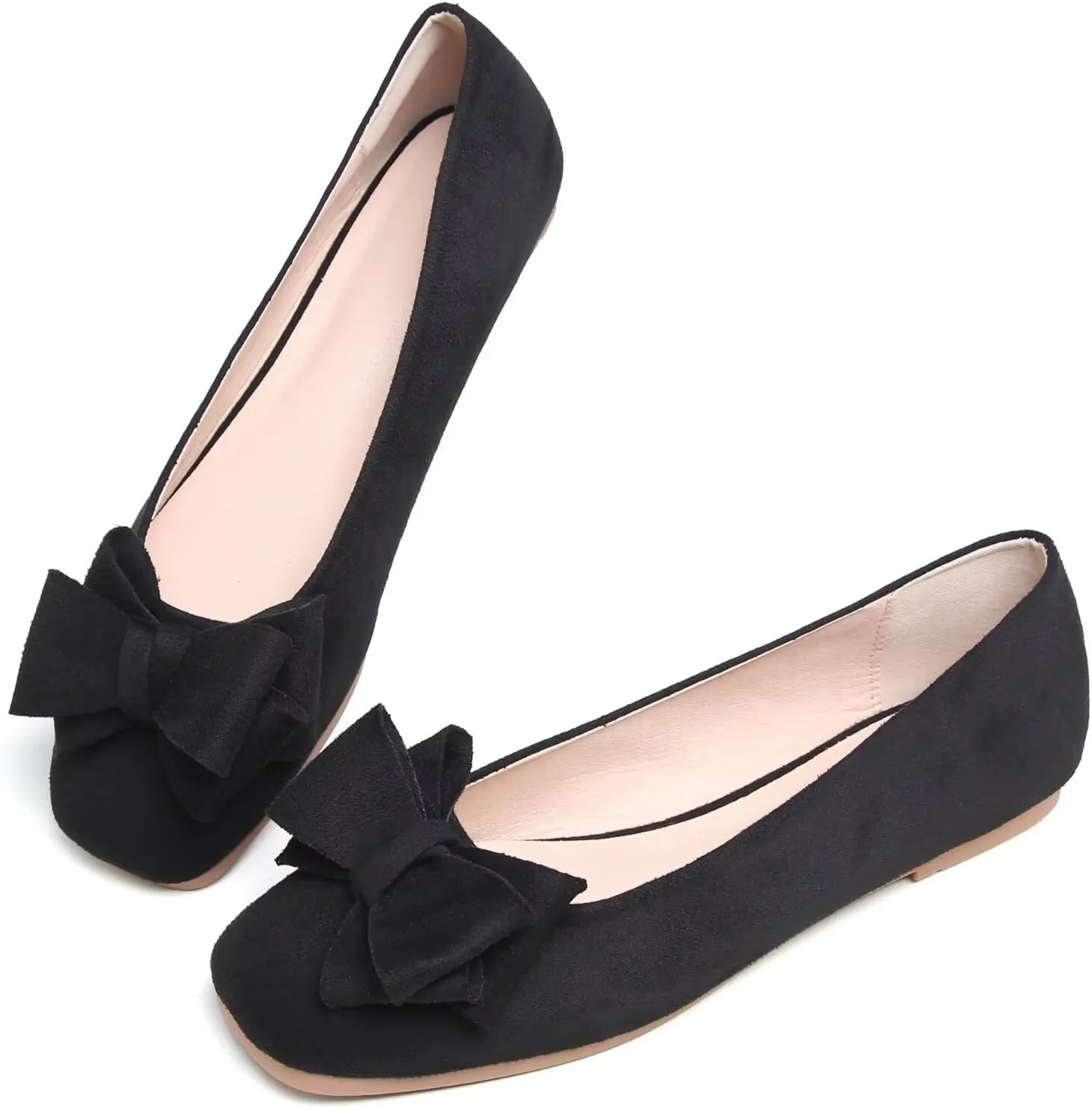SAILING LU Women's Bow Knot Ballet Flats Square Toe Flat Shoes Suede Dress Shoes Wear to Work Slip On Moccasins