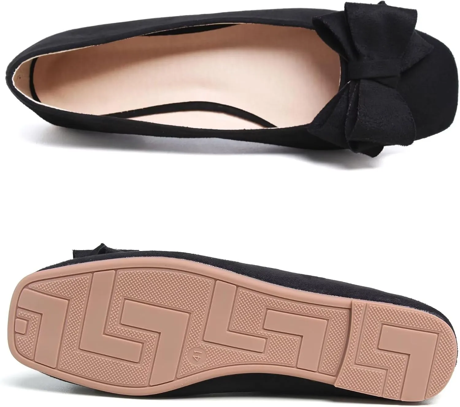 SAILING LU Women's Bow Knot Ballet Flats Square Toe Flat Shoes Suede Dress Shoes Wear to Work Slip On Moccasins