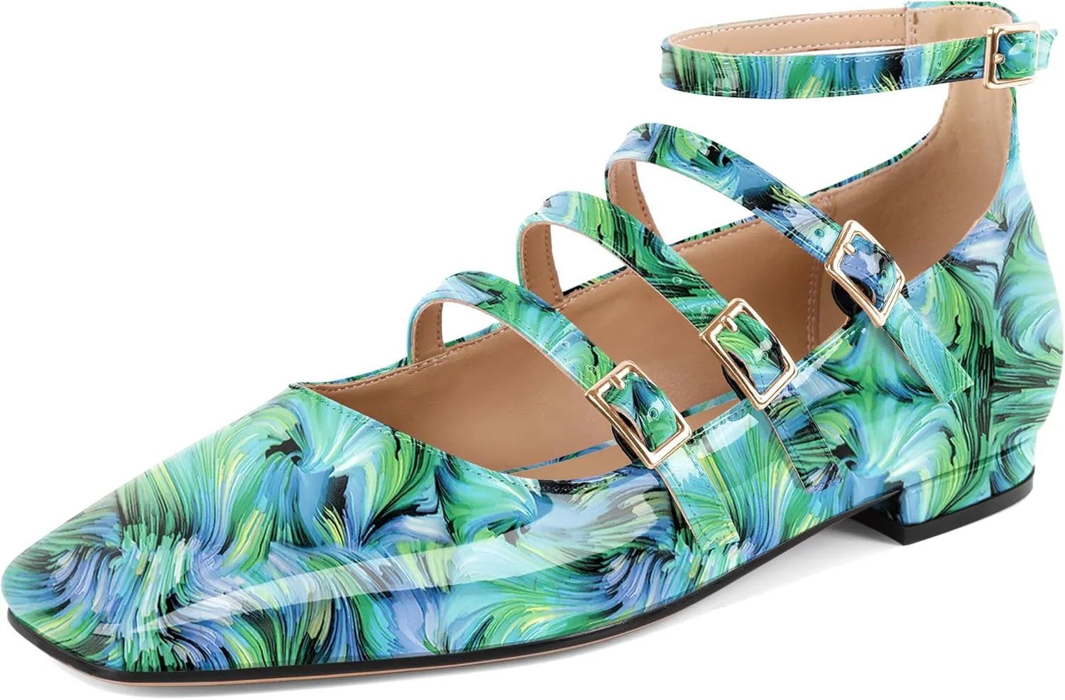 SAMMITOP Mary Jane Shoes Women Ballet Flats Low Block Heel Square Toe Flats Ankle Strap Pumps Wedding Dressy