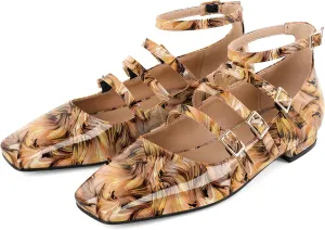SAMMITOP Mary Jane Shoes Women Ballet Flats Low Block Heel Square Toe Flats Ankle Strap Pumps Wedding Dressy