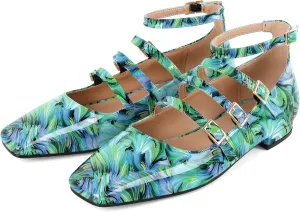 SAMMITOP Mary Jane Shoes Women Ballet Flats Low Block Heel Square Toe Flats Ankle Strap Pumps Wedding Dressy