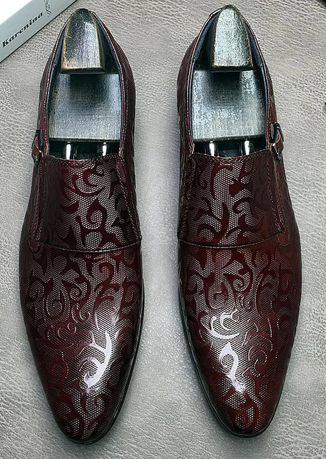 Santimon Men's Genuine Leather Monk Strap Formal Dress Shoes, Pointed Toe Penny Loafers with Buckle, Stylish Embossed Business Casual Shoes for Men