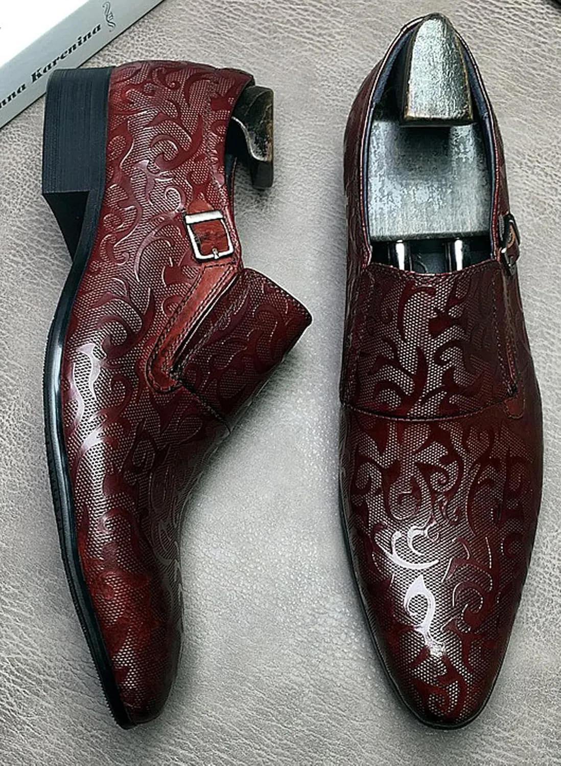 Santimon Men's Genuine Leather Monk Strap Formal Dress Shoes, Pointed Toe Penny Loafers with Buckle, Stylish Embossed Business Casual Shoes for Men