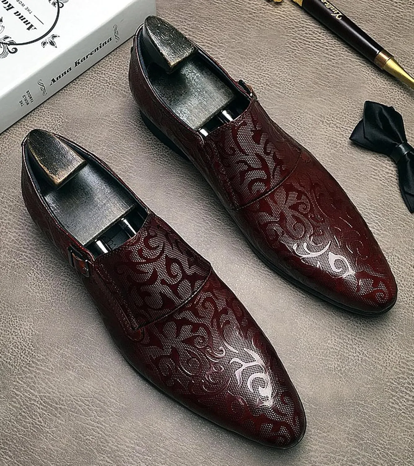 Santimon Men's Genuine Leather Monk Strap Formal Dress Shoes, Pointed Toe Penny Loafers with Buckle, Stylish Embossed Business Casual Shoes for Men