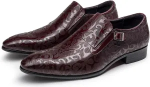Santimon Men's Genuine Leather Monk Strap Formal Dress Shoes, Pointed Toe Penny Loafers with Buckle, Stylish Embossed Business Casual Shoes for Men