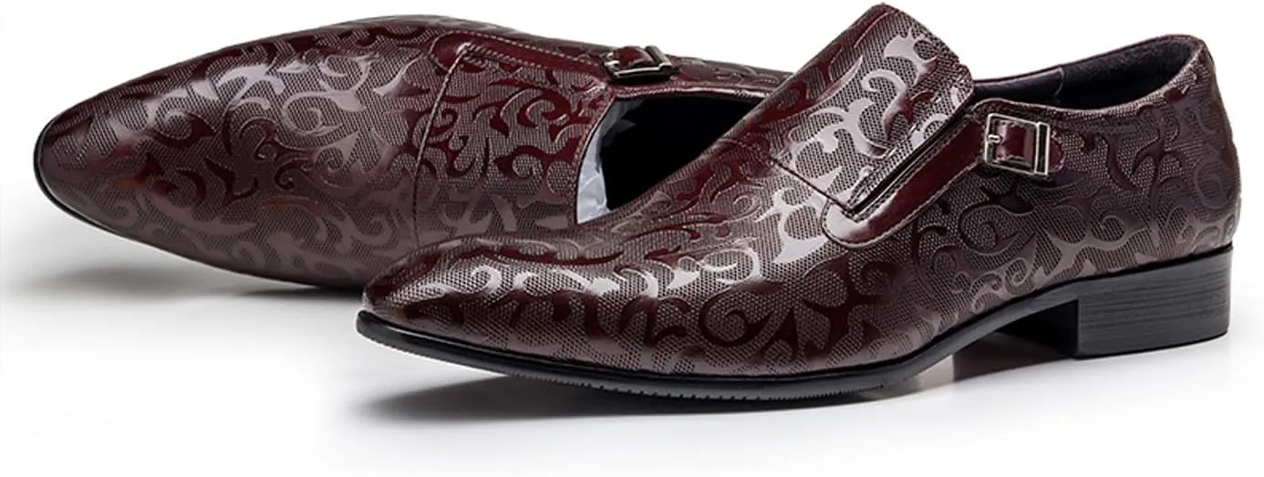 Santimon Men's Genuine Leather Monk Strap Formal Dress Shoes, Pointed Toe Penny Loafers with Buckle, Stylish Embossed Business Casual Shoes for Men