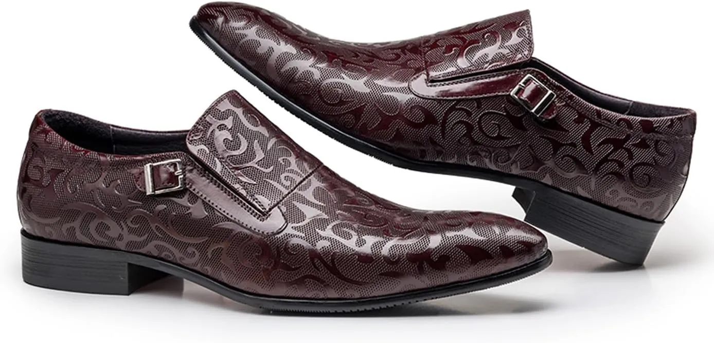Santimon Men's Genuine Leather Monk Strap Formal Dress Shoes, Pointed Toe Penny Loafers with Buckle, Stylish Embossed Business Casual Shoes for Men