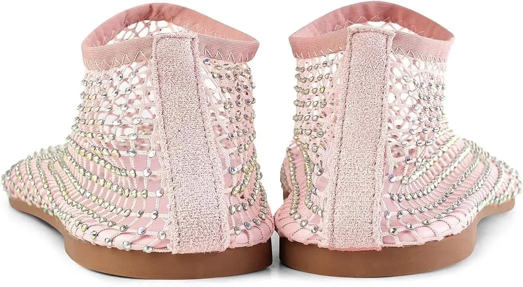 Shiny Gem Mesh Flats Shiny Stylish Flats Round Toe Sandals Cutout Sparkly Rhinestone Short Boots Comfortable Beach Casual Dress Flats (Pink,7)