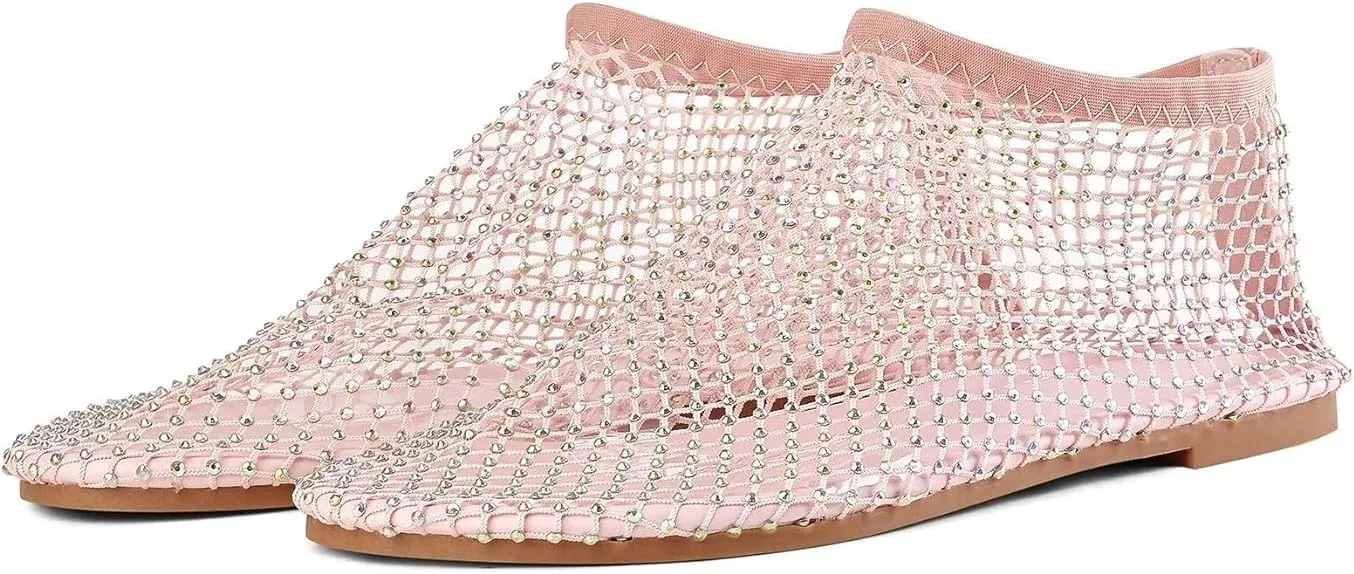 Shiny Gem Mesh Flats Shiny Stylish Flats Round Toe Sandals Cutout Sparkly Rhinestone Short Boots Comfortable Beach Casual Dress Flats (Pink,7)