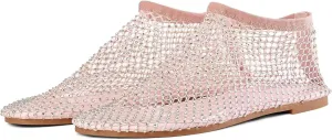 Shiny Gem Mesh Flats Shiny Stylish Flats Round Toe Sandals Cutout Sparkly Rhinestone Short Boots Comfortable Beach Casual Dress Flats (Pink,7)