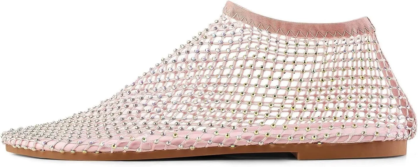 Shiny Gem Mesh Flats Shiny Stylish Flats Round Toe Sandals Cutout Sparkly Rhinestone Short Boots Comfortable Beach Casual Dress Flats (Pink,7)